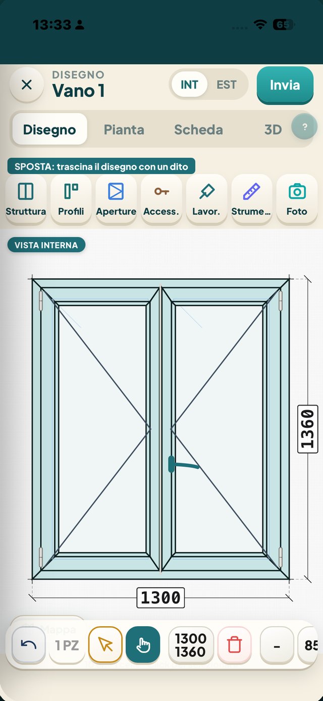 Il disegno del vano nell'app: finestra a 2 ante